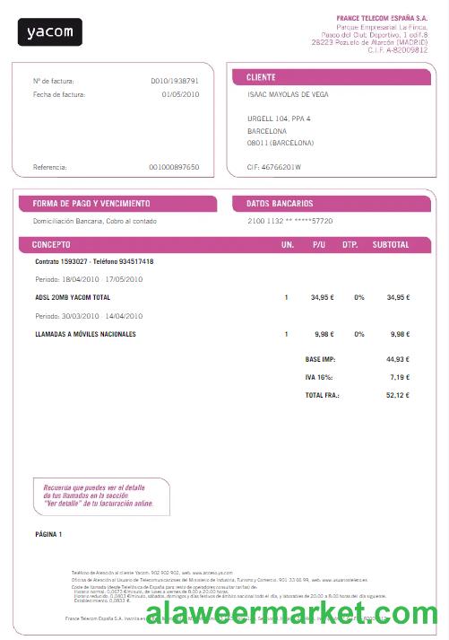 SPAIN YACOM utility bill Word and PDF template